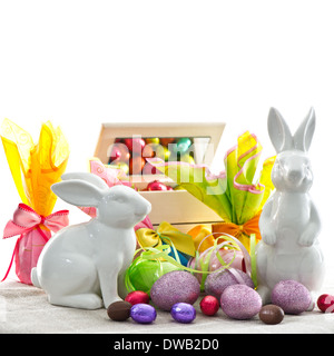 easter decoration. colorful eggs and bunnies Stock Photo