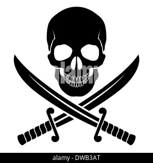 Black skull with crossed sabers. Illustration of pirate symbol Stock Photo