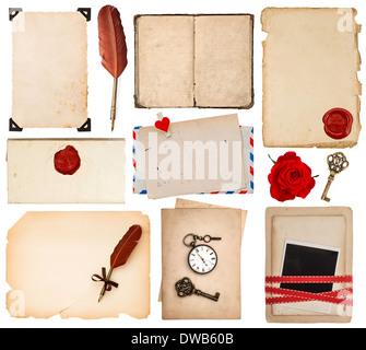paper sheets for love letters. vintage book pages, cards, photos, pieces, flower isolated on white background Stock Photo