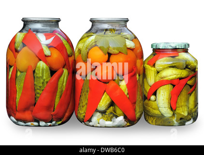 Homemade pickled vegetables. Assorted in glass jars Stock Photo