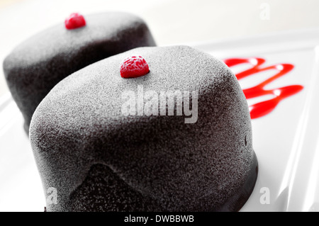 closeup of a frozen chocolate dessert in a plate with strawberry syrup Stock Photo