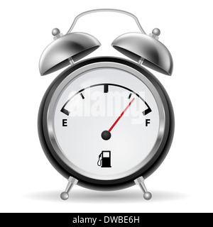 Black-and-white fuel indicator in creative retro alarm clock design. Illustration on white. Stock Photo
