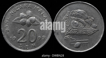 Malaysian coin - Malaysia 20 Sen 1973 coin isolated on malaysia flag ...