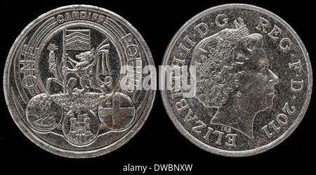 1 Pound coin, Cardiff, Queen Elizabeth II, UK, 2011 Stock Photo