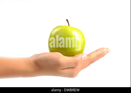 hand with green apple isolated on white background