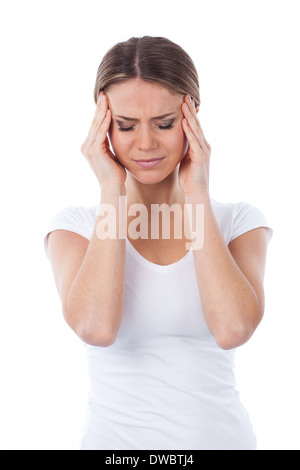 Portrait of woman with headache, isolated on white Stock Photo