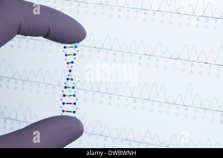 Model of DNA molecule, DNA sequencing in background Stock Photo