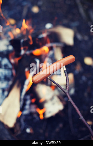 Sausage cooking on campfire Stock Photo