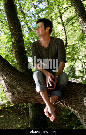 Mature man sitting on tree trunk in forest Stock Photo