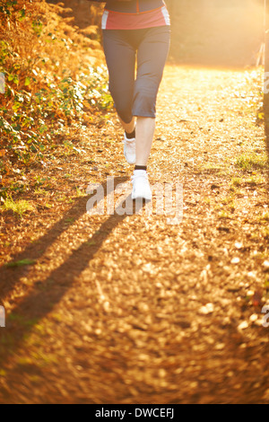 Mature woman jogging on path in sunlight, low section Stock Photo