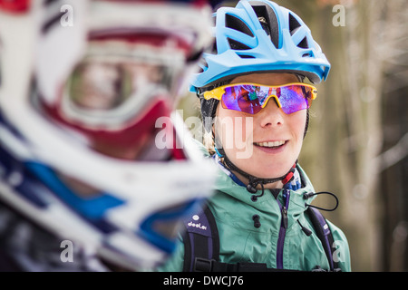 Close up of two female mountain bikers Stock Photo