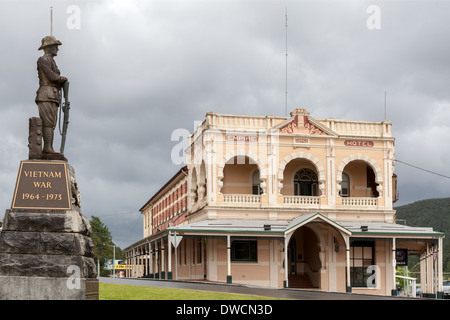 Empire Hotel and War Memorial, Historic Queenstown, Tasmania, Australia Stock Photo