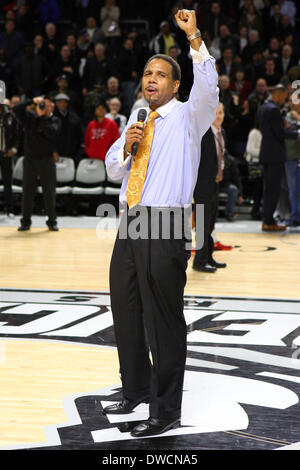 Providence, Rhode Island, USA. 5th Mar, 2014. March 4, 2014; Providence Friars head coach Ed Cooley addresses the crowd at the conclusion of the NCAA basketball game between the Marquette Golden Eagles and Providence Friars at the Dunkin Donuts Center. Providence defeated Marquette in double overtime 81-80. Anthony Nesmith/CSM/Alamy Live News Stock Photo