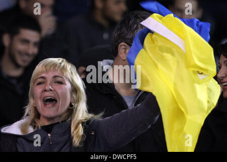 Cyprus, Larnaka- March 05,2014: Ukraine's fans cheer  during the friendly game  between Ukraine  and USA at the Antonis Papadopoulos  stadium in Larnaka on March  05,2014 Credit:  Yiannis Kourtoglou/Alamy Live News Stock Photo