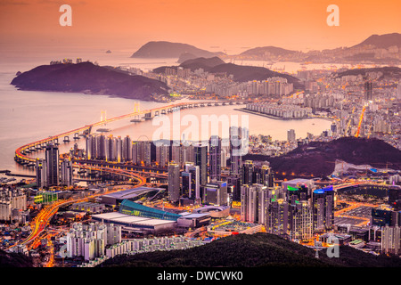 Skyline of Busan, South Korea at sunset. Stock Photo