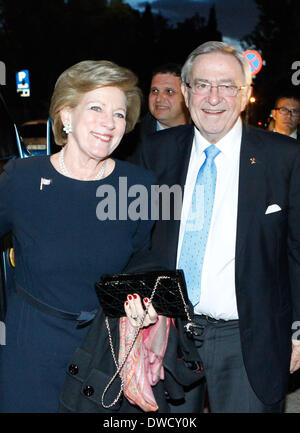 Athens, Greece. 5th Mar, 2014. King Constantine II and his wife Queen Anne Marie of Greece attend a screening of a documentary about the former King's father, King Paul I of Greece, in Athens, Greece. Credit:  Aristidis Vafeiadakis/ZUMAPRESS.com/Alamy Live News Stock Photo