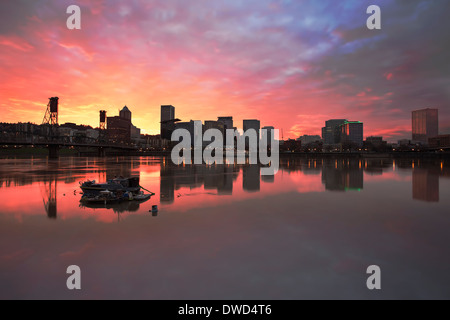 Colorful Sunset Over Portland Oregon Downtown Waterfront City Skyline Stock Photo