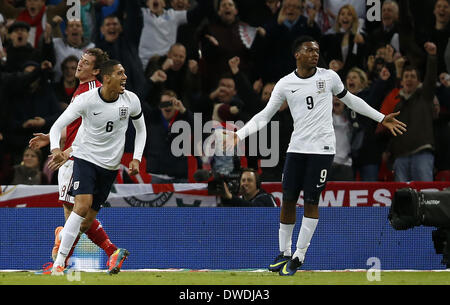 London, UK. 5th Mar, 2014. Daniel Sturridge(1st R) of England celebrates scoring with teammates during an international friendly soccer match between England and Denmark at Wembley Stadium in London, Britain on March 5, 2014. England won 1-0. Credit:  Wang Lili/Xinhua/Alamy Live News