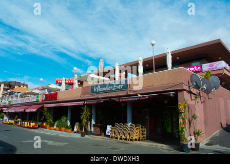 Shops and restaurants, Yumbo Centrum, shopping and entertainment centre, Playa del Ingles, Gran Canaria island, the Canaries Stock Photo