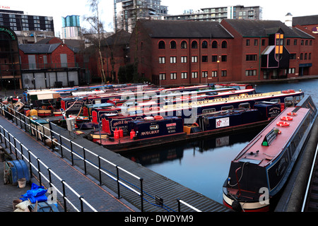 Narrowboats moored in Gas Street Basin, Worcester and Birmingham Canal, Birmingham City, West Midlands, England, UK Stock Photo