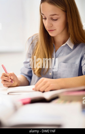 High school girl studying at desk in classroom Stock Photo