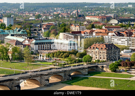 View across the Elbe River and New Town Quarter (Neustadt) of Dresden, Saxony, Germany. Stock Photo