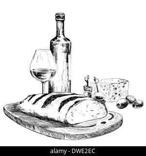 Wine, bread and blue cheese. Hand drawn illustration Stock Photo
