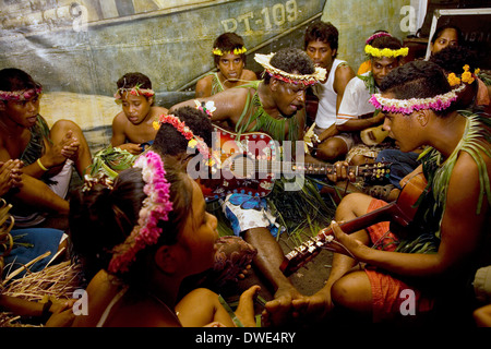 A Gilbertese dance group performs a Tamure dance at PT-109 Bar & Restaurant, Gizo, Ghizo Island, Solomon Islands Stock Photo