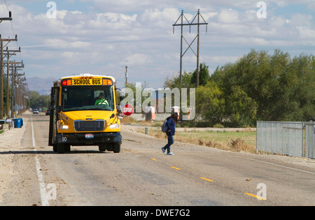 A school bus stopped with flashing red lights and stop sign allowing a child to get off in Canyon County, Idaho, USA. Stock Photo