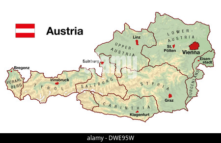 Topographic map of Austria in Europe with cities, federal states, borders and flag. Stock Photo