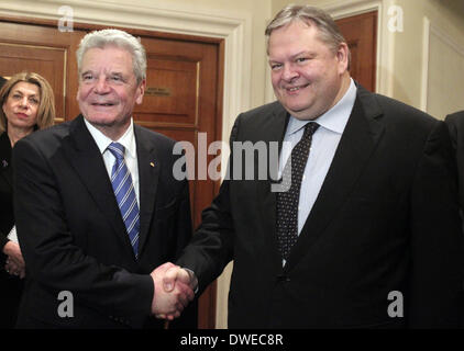 Athens, Greece. 6th Mar, 2014. German President Joachim Gauck (L) shakes hands with Greek Deputy Prime Minister and Foreign Minister Evangelos Venizelos in Athens, Greece, on March 6, 2014. Gauck is on an official visit to Greece until Friday evening. © Marios Lolos/Xinhua/Alamy Live News Stock Photo