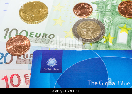 MUNICH, GERMANY - FEBRUARY 23, 2014: European Euro bank notes Cent coins and Global Blue card Stock Photo