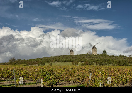 Windmills near Saint-Germain-de-Vibrac, Haute-Saintonge, Charente-Maritime, France Stock Photo