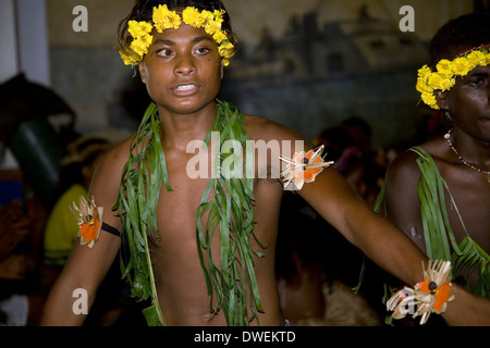 A Gilbertese dance group performs a Tamure dance at PT-109 Bar & Restaurant, Gizo, Ghizo Island, Solomon Islands Stock Photo