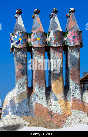 Gaudi chimney on the roof of Casa Batllo - Eixample district of Barcelona - Catalonia region of Spain. Stock Photo