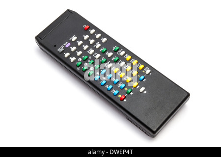 Black remote control with colorful buttons on a white background Stock Photo