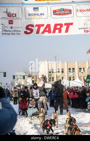 Anchorage, Alaska, USA. 1st Mar, 2014. Veteran Iditarod musher JEFF KING (4-time winner). Mushers drive though downtown Anchorage for the ceremonial start of the Iditarod Sled Dog Race. © Ron Levy/ZUMA Wire/ZUMAPRESS.com/Alamy Live News Stock Photo