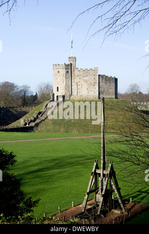 Norman Keep and  Trebuchet  Cardiff Castle, Wales. Stock Photo