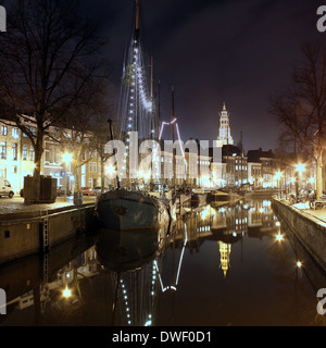 Canal at Hoge der A in Groningen, The Netherlands at night Stock Photo