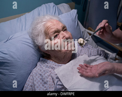 Elderly lady feeding food, being fed hospital food, with carer attempting to feed her a meal with some difficulty in hospital care bed at night Stock Photo