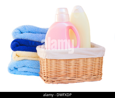 Clothes with detergent in basket Stock Photo