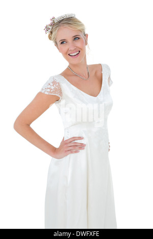 Woman in wedding dress against white background Stock Photo