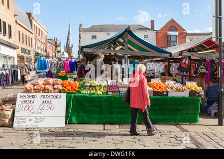 Fruit and vegetable market stall at Chesterfield Market in the Market Place, Chesterfield, Derbyshire, England, UK Stock Photo