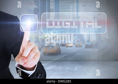 Businesswomans finger touching Digital button Stock Photo