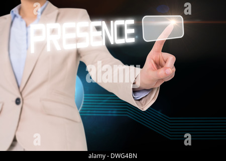 Businesswomans finger touching presence button Stock Photo