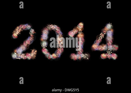 Mix Fireworks in text of Two thousand and fourteen on the darkness. Stock Photo