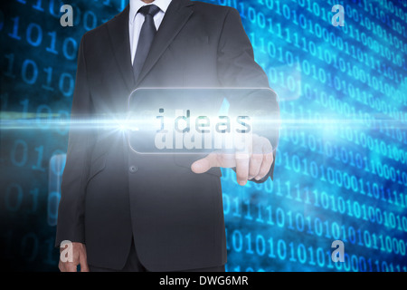 Ideas against shiny blue binary code on black background Stock Photo