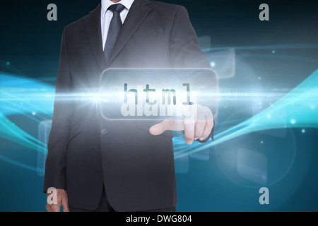 Html against abstract glowing black background Stock Photo