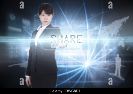 Share against shiny sphere on black background Stock Photo