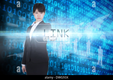 Link against shiny blue binary code on black background Stock Photo